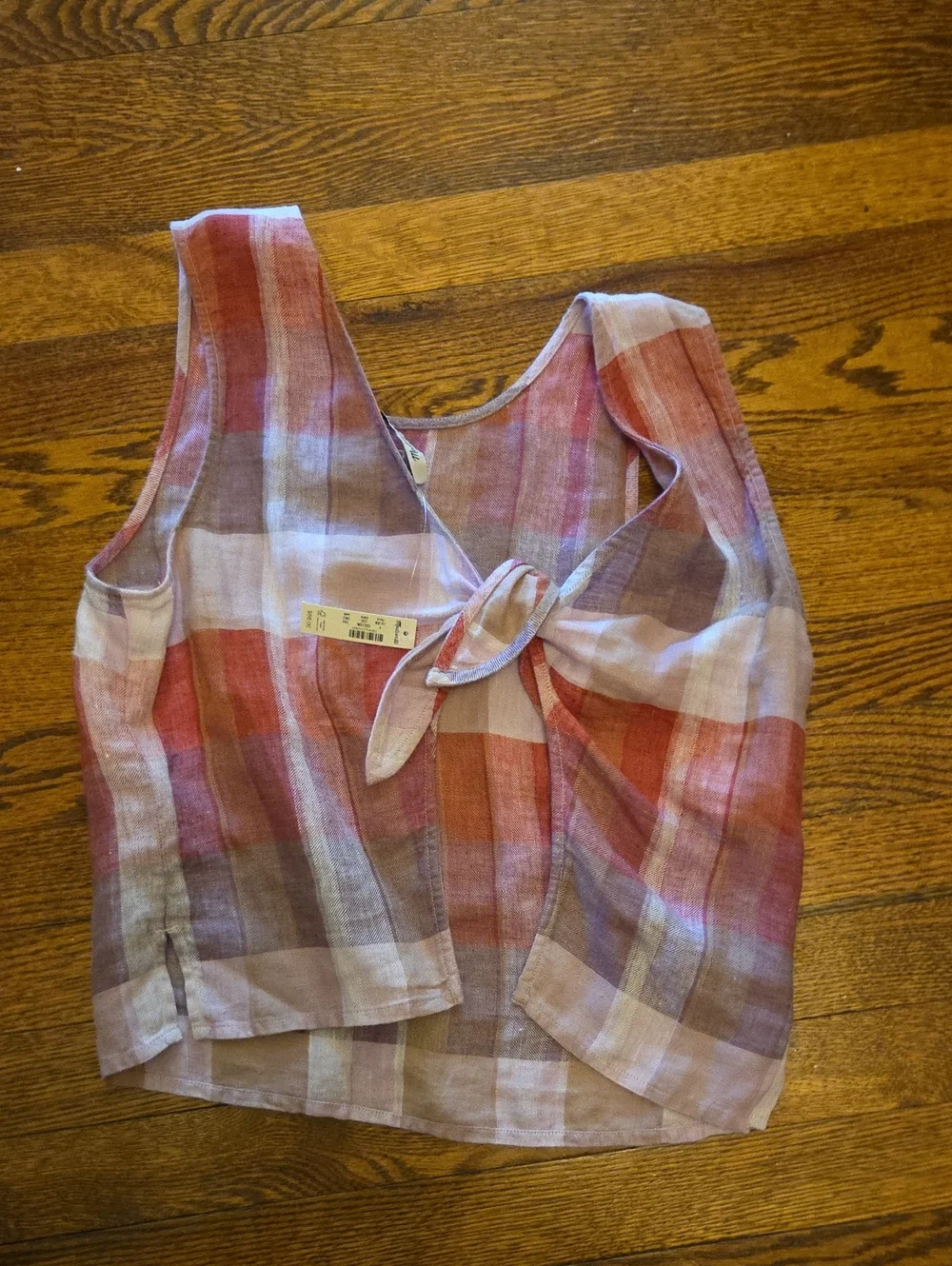 Madewell Plaid Tie-back Tank in Red, Pink and Tan
